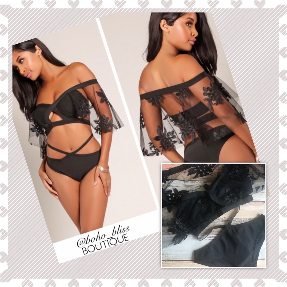 Black Mesh Overlay Strappy Bandage Bodysuit NWT